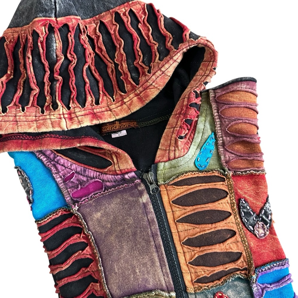 Windhorse Boho Patchwork Hoodie Jacket — Size M — Handmade in Nepal